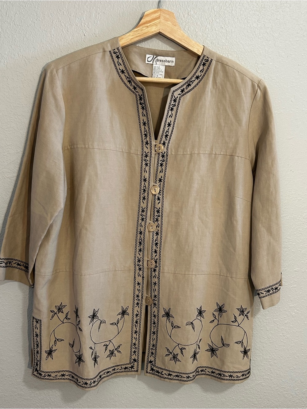 Dressbarn Beige Embroidered Linen-Blend Button Front Jacket